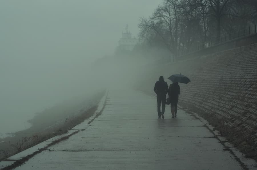 Two people walking on a sidewalk in misty winter weather